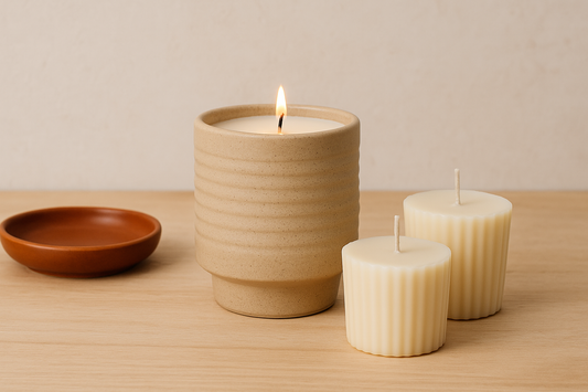 Refillable ceramic candle with two soy wax refills on a wood surface.