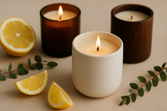 Lit ceramic candle with lemon and eucalyptus.