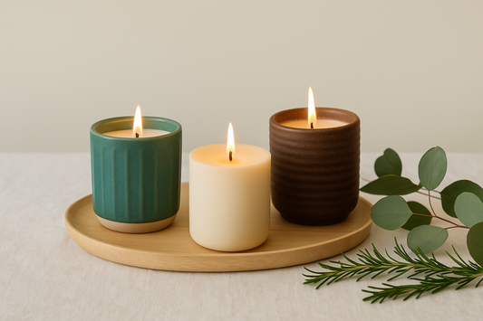 Three lit candles in ceramic vessels on a wooden tray with greenery.