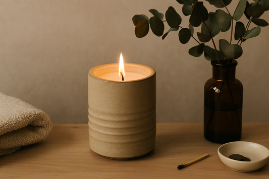Lit beige ceramic candle on a wooden surface with eucalyptus in the background.