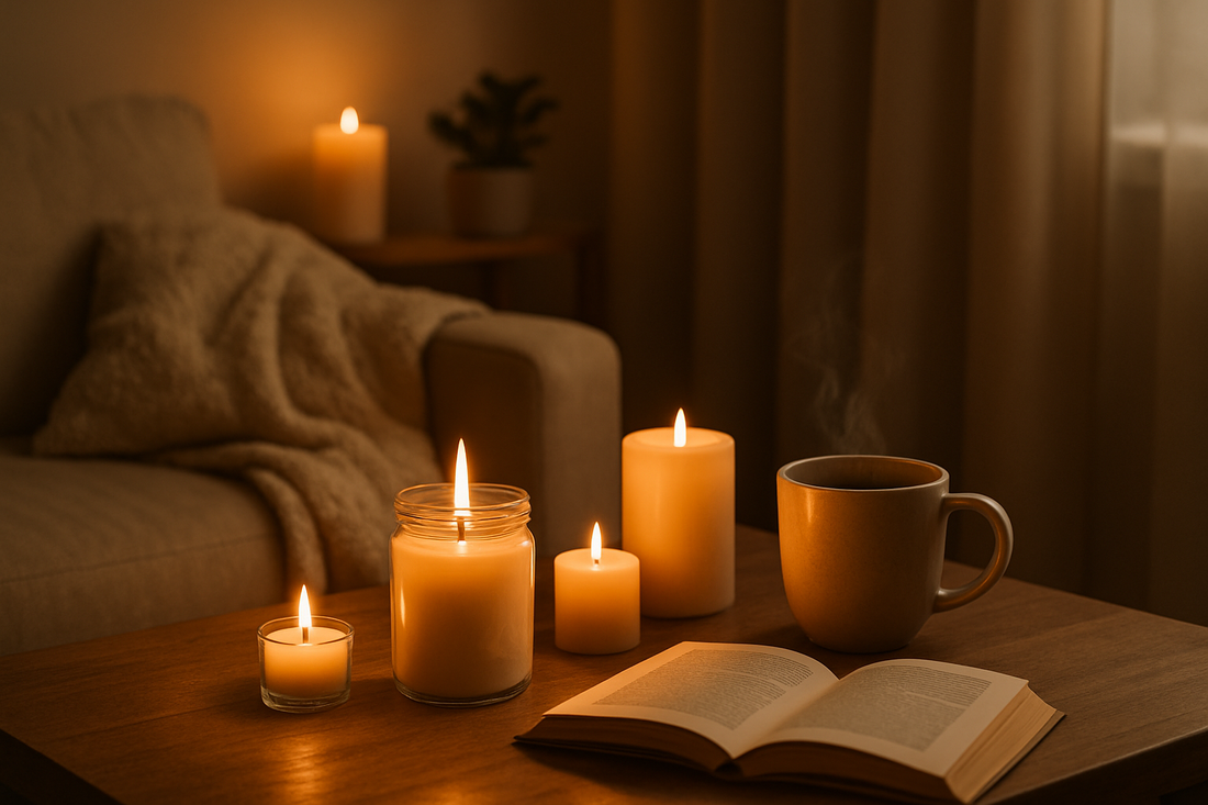 Cozy evening scene with lit candles, a mug, and an open book.