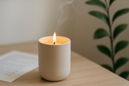 Lit soy candle in a minimalist ceramic jar on a wood table, with gentle smoke rising and a plant in the background