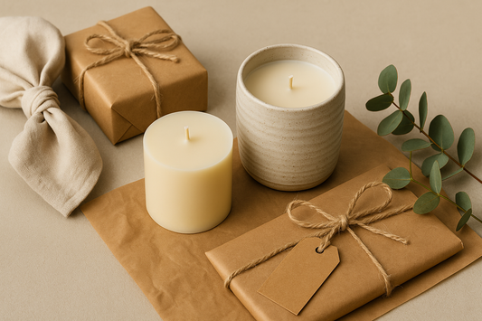 Ceramic candle and soy wax refill styled with kraft-wrapped gifts, linen fabric, and eucalyptus on a neutral background.