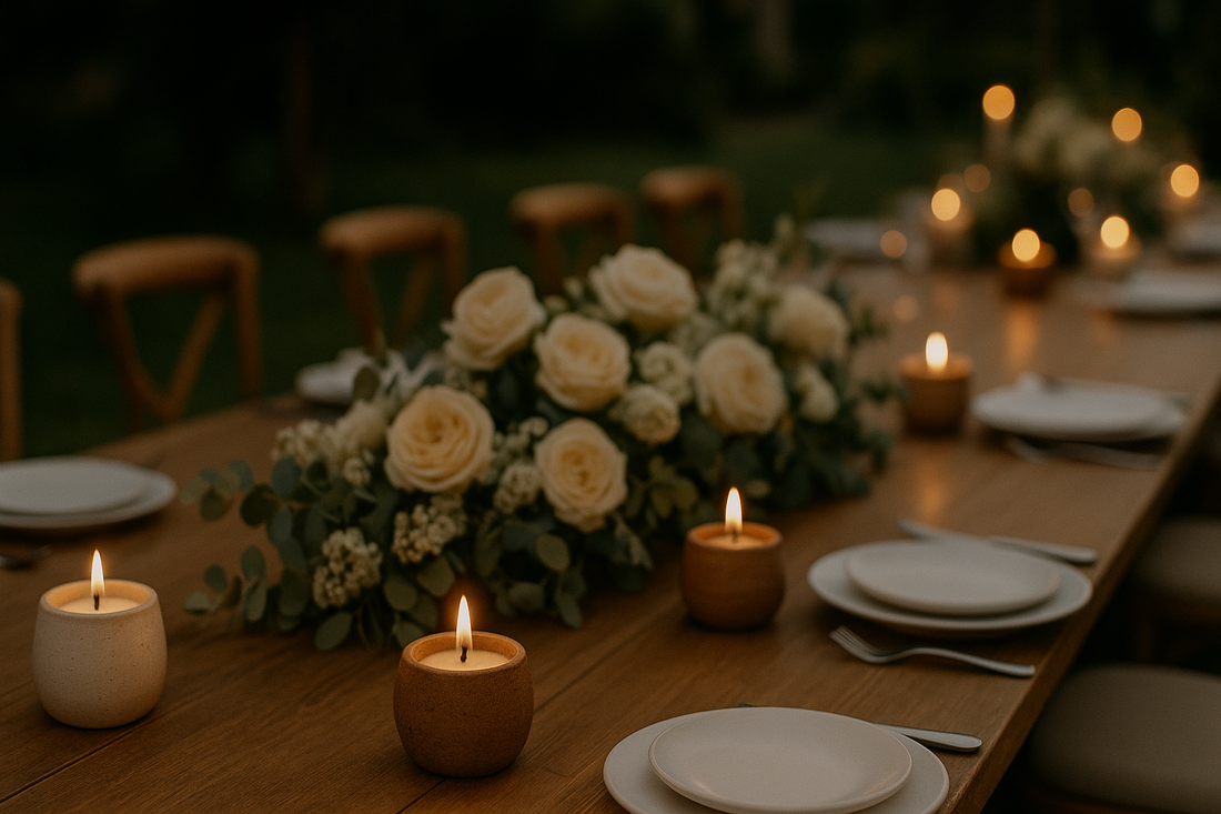Wedding table with ceramic candles and white floral centerpiece at dusk