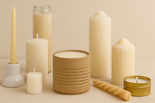 A soy-filled ceramic candle centered among traditional candles, highlighting its clean, refillable design.