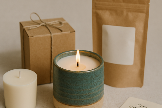 A ceramic candle in a teal vessel burns beside a soy wax refill, kraft gift box, and refill pouch on a neutral backdrop.