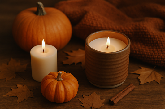 Two lit pumpkin spice candles surrounded by small pumpkins, cinnamon sticks, and autumn leaves on a wooden surface