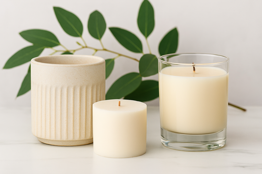 Ceramic refillable candle and disposable glass candle side by side on a marble surface with green leaves in the background.