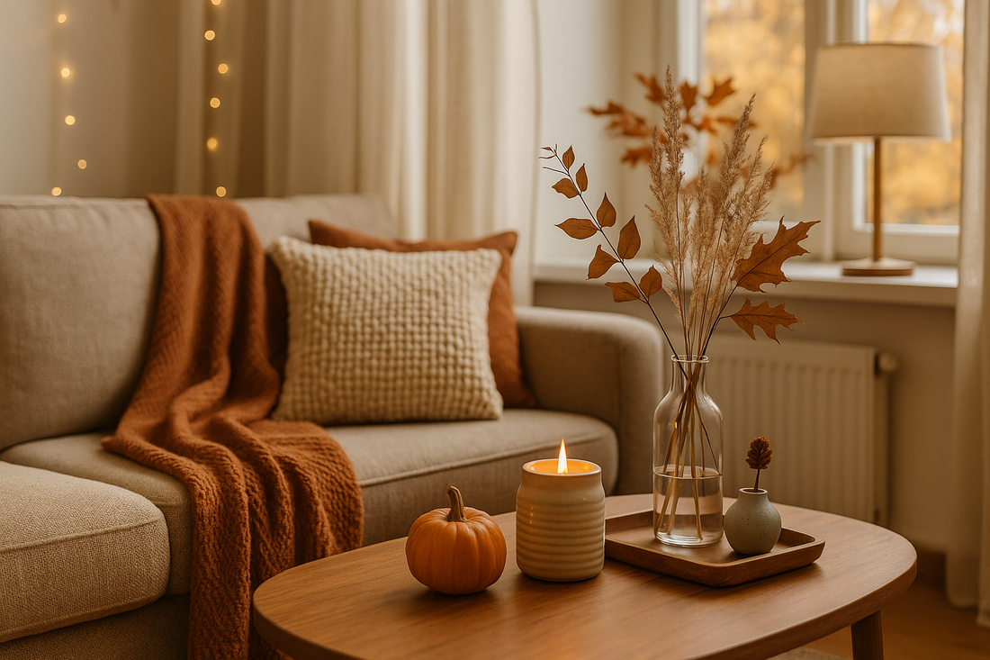Cozy fall living room with a pumpkin spice candle, dried florals, and a warm throw blanket.