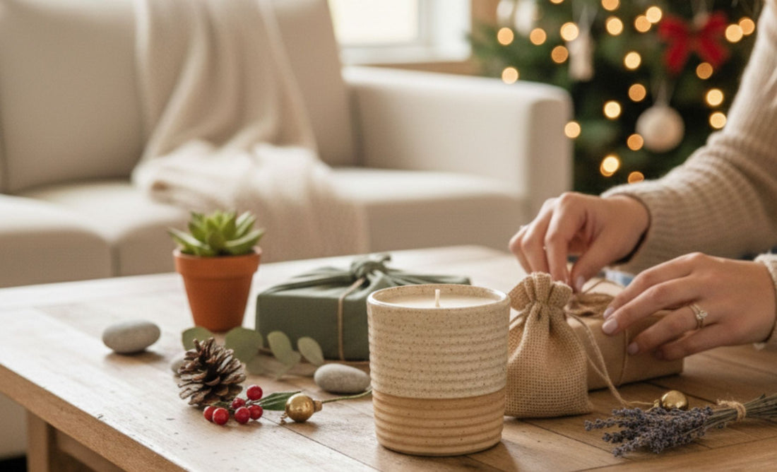 A woman wrapping eco-friendly gifts on a wooden coffee table next to a ceramic ReCandle Co candle, with a blurred Christmas tree in the background.
