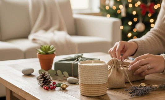 A woman wrapping eco-friendly gifts on a wooden coffee table next to a ceramic ReCandle Co candle, with a blurred Christmas tree in the background.