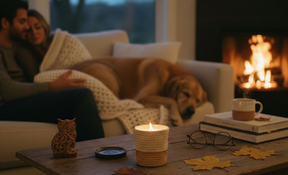 y living room with a couple and a golden retriever resting on a sofa by a fireplace, featuring a lit ceramic candle on a wooden coffee table.