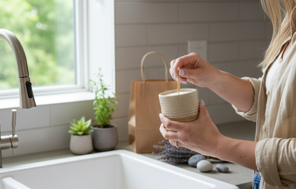 candid, high-end lifestyle photograph of a person’s hands cleaning out a ReCandle Co ceramic candle vessel in a bright, sunlit kitchen.