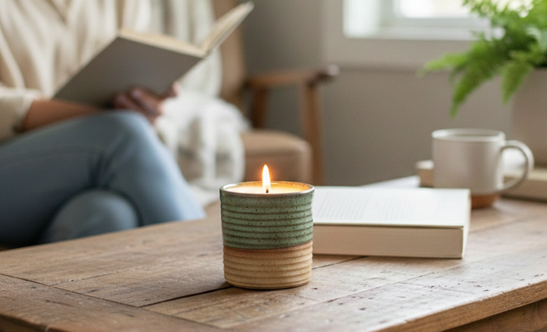 A woman sits on a couch behind a wooden coffee table featuring a lit, two-toned ceramic candle, a book, and a mug.