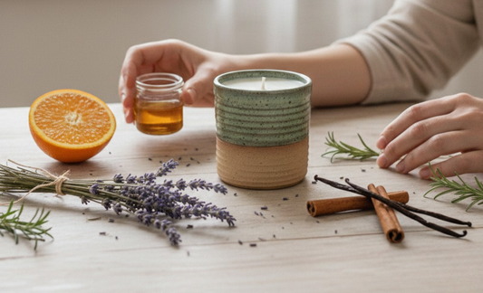 a ReCandle Co ceramic refillable candle on a wooden table, surrounded by natural fragrance elements like dried lavender, citrus, and cinnamon sticks