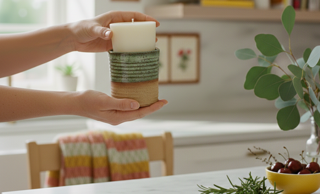 A person's hands refilling a ceramic ReCandle Co jar with a white wax refill in a cozy, sunlit kitchen.