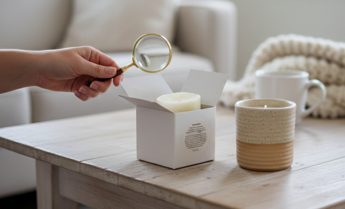 A person's hand holds a magnifying glass over a candle in an open box on a wooden coffee table in a bright living room.
