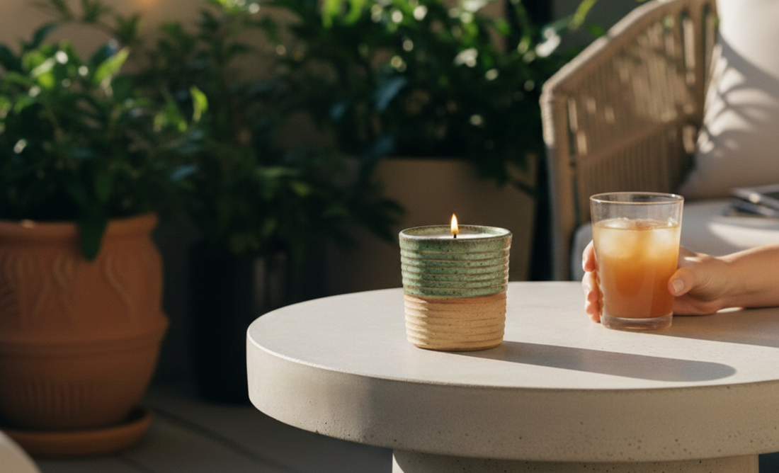 A ceramic candle with a lit flame sits on a modern white outdoor table next to a hand holding an iced drink, set against a background of lush potted plants.