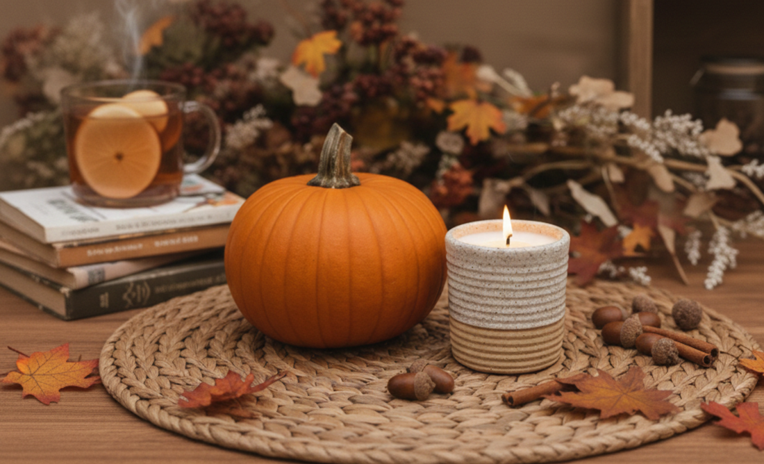 Cozy autumn still life with a ReCandle Co candle, a mini pumpkin, and steaming tea on a rustic wooden table with fall leaves.