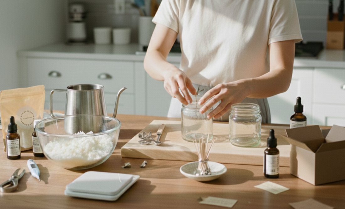A person standing in a kitchen making candles at a wooden table with jars, wax, and essential oil bottles.