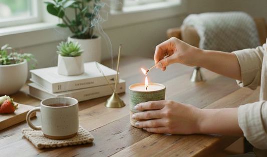 Hands lighting a candle on a wooden table with a tea mug, plants, and incense in a cozy room.
