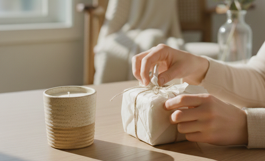 A person wraps a gift in white paper next to a ceramic ReCandle Co candle on a table.