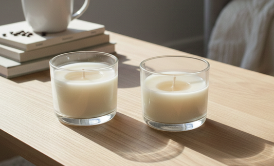 A high-angle, photo-realistic lifestyle shot of two ReCandle Co refillable candles in clear glass jars on a wooden surface, showing a "tunneled" wax pool under soft, natural window light.