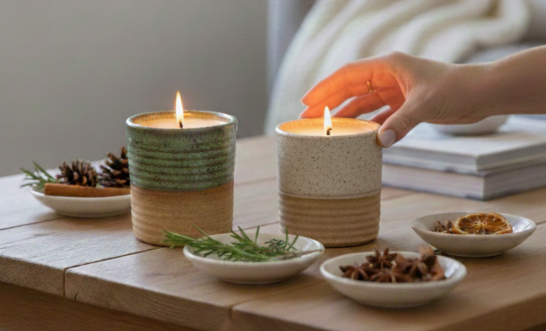 A person's hand reaching toward one of two lit candles in ceramic jars on a wooden table, surrounded by small dishes of dried botanicals.