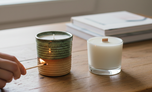 Candid lifestyle photo of a hand lighting a ceramic ReCandle Co candle next to a glass wooden-wick candle on a sunlit wooden table.
