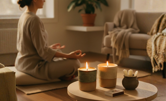 A woman meditates in a cozy, sunlit room with two lit ReCandle Co ceramic candles flickering on a wooden table in the foreground.