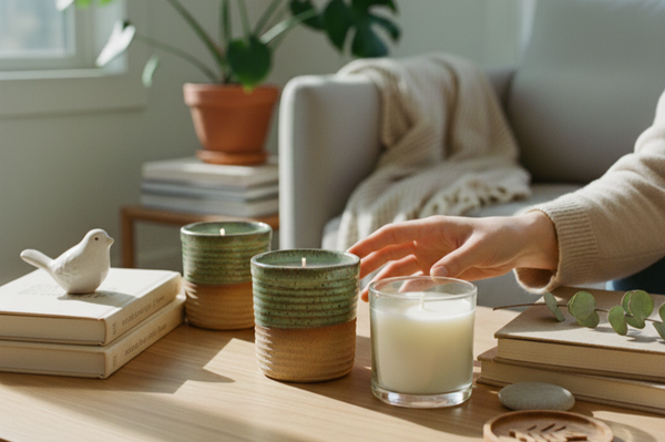 hand reaching toward a lit white jar candle on a wooden coffee table, displayed alongside two green and tan ceramic candles by recandle co, stacks of books, and a Monstera plant in the background.