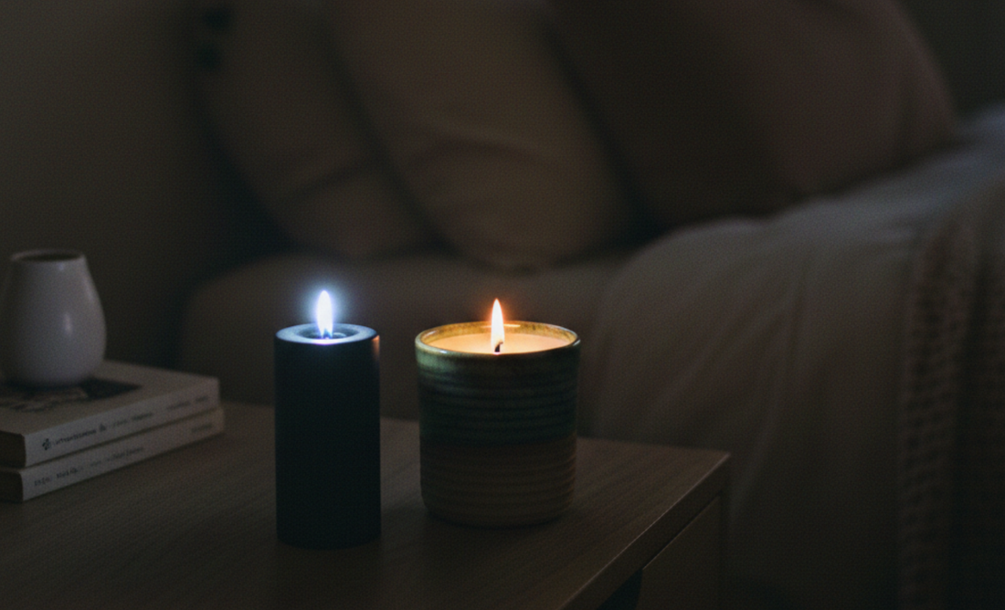 A night-time lifestyle photograph of two lit candles one a textured green ceramic vessel and the other a sleek black pillar resting on a wooden bedside table in a dimly lit, cozy bedroom.