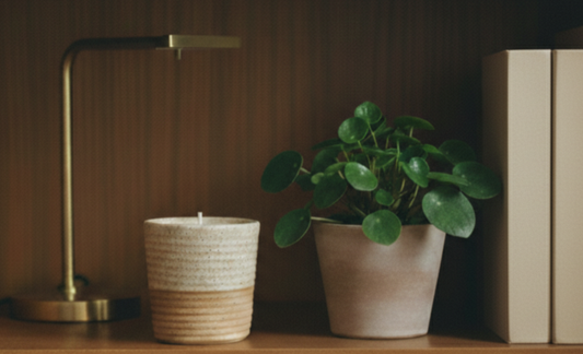 A desk lamp, a ceramic candle, and a potted Pilea plant sit on a wooden bookshelf next to a stack of books.