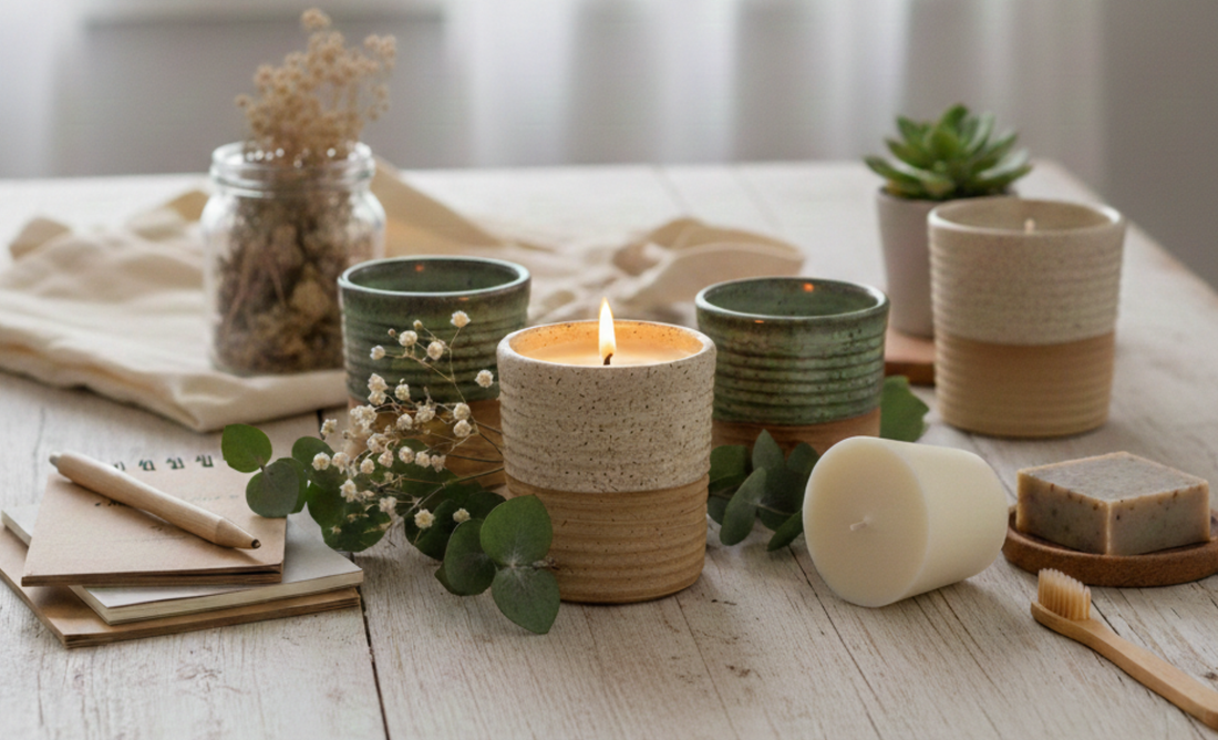A collection of ceramic candles, a small succulent, and wellness items like soap and a toothbrush on a wooden table.