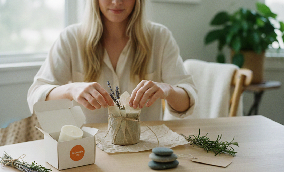 A woman's hands sustainably wrapping a ceramic candle with brown paper and twine on a wooden table in soft, natural light.