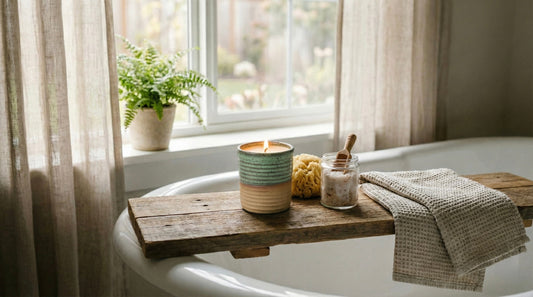 A lit ceramic candle and a jar of bath salts sit on a rustic wooden tray across a white bathtub, creating a relaxing atmosphere that illustrates how to choose candle scent for a spa-like mood in a bathroom.