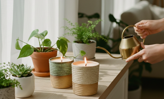 two lit ReCandle Co ceramic candles nestled among potted houseplants on a sunlit wooden ledge, with a person's hands holding a brass watering can in the background.