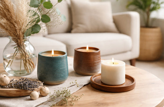 Ceramic candles burning on a wooden table with natural decor in a sunlit living room.