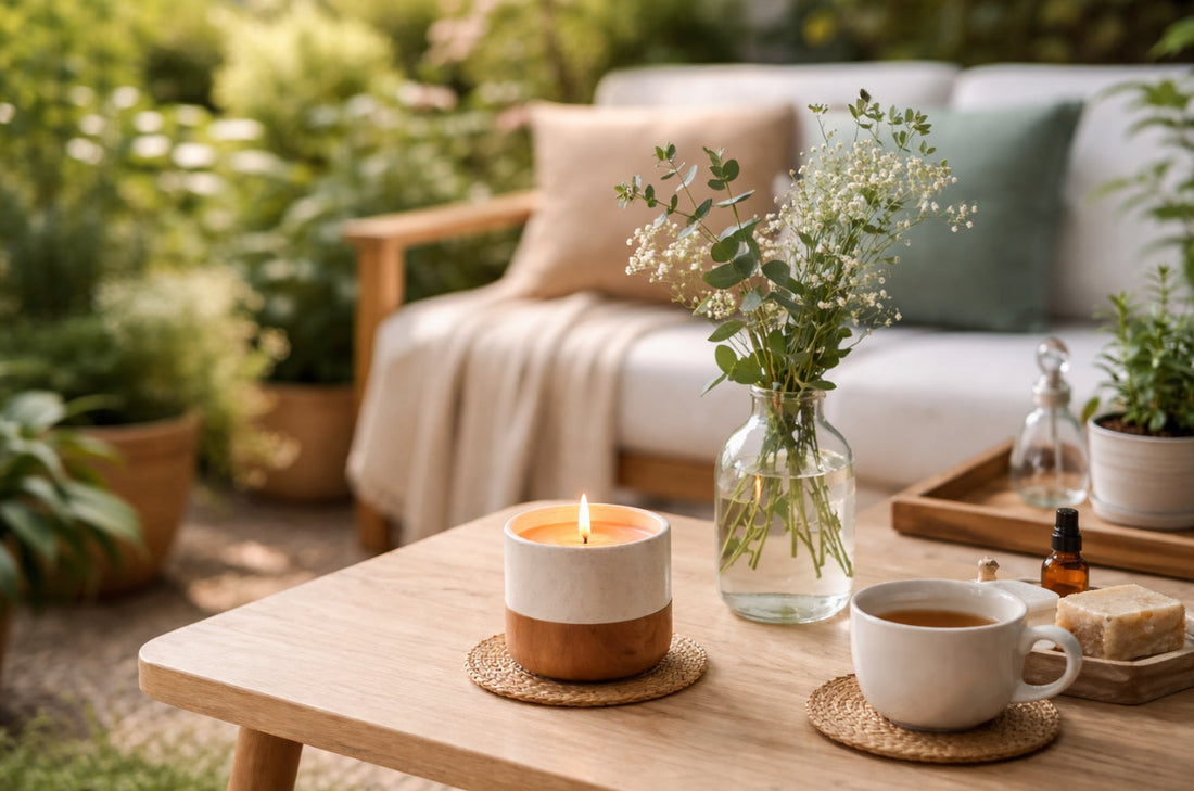 Outdoor garden scene with a wooden table holding a lit candle, herbal tea, fresh flowers, and natural soap, with greenery and a cozy bench in the background