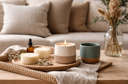 Reusable candle setup with soy wax refills on a cozy coffee table.