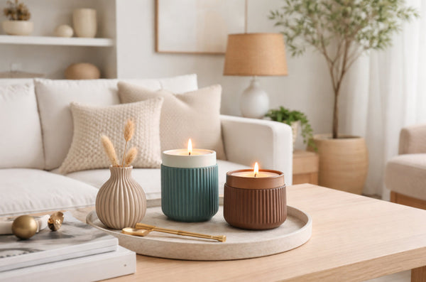 Ceramic candles styled on a coffee table in a modern living room.