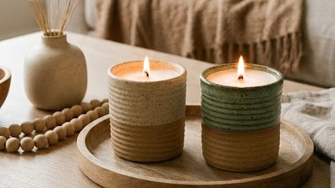 Cozy minimalist refillable candles, one teal and one tan. Both candles are lit, placed on a coffee table in a living room