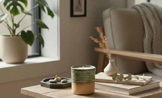 ReCandle Co ceramic refillable candle on a rustic wooden side table.