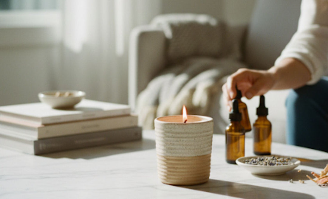 A lit ceramic candle on a bedside table in a bright, minimal bedroom.