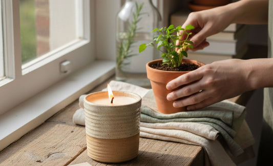 a lit ReCandle Co ceramic refillable candle on a rustic wooden windowsill, bathed in soft natural window light next to a small potted plant being tended to by a person’s hands.