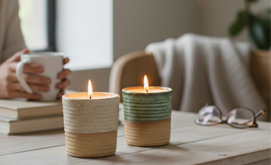 Two lit candles in ceramic jars on a wooden table, with a person holding a mug in the background.
