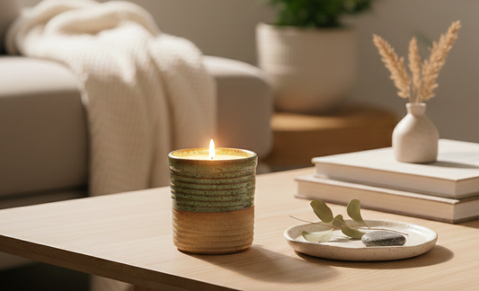 a lit ReCandle Co ceramic candle on a light wood coffee table. The scene is cozy and minimalist, featuring soft window light, a small vase with dried grass atop a stack of books, a decorative tray with a leaf