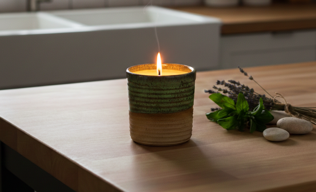 A photo-realistic lifestyle image of a lit ReCandle Co ceramic candle on a modern wooden kitchen island, illuminated by natural daylight with a soft flame and subtle smoke.