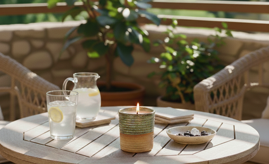 A lit ReCandle Co sustainable candle sits on a sunny patio table alongside a chilled glass and pitcher of lemonade.