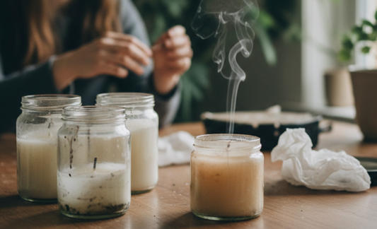 Used, dirty candle jars with black soot and smoke on a wooden table with plastic waste.